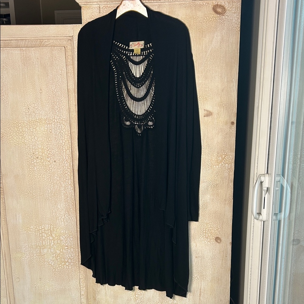 Scully Boho Macramé Back Duster Cardigan Black L
